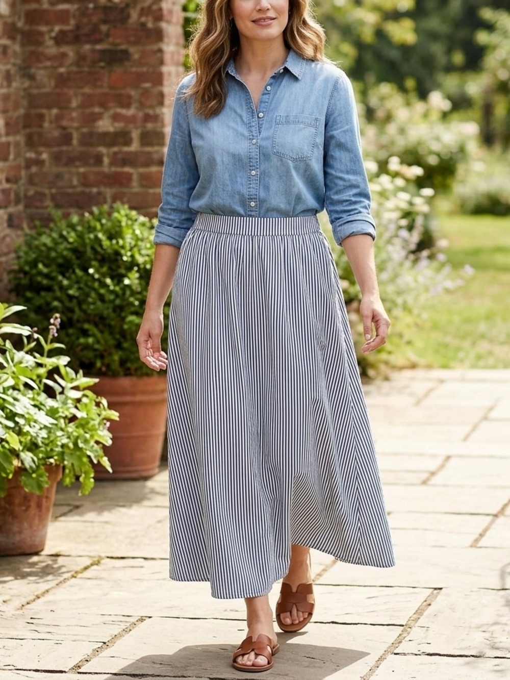 J. Jill 100% Cotton  Maxi Skirt Blue,White Stripe US Size Small